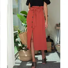 Новое поступление, сексуальная женская юбка миди, высокая талия, передний разрез, бандаж на пуговицах, юбки, однотонная мягкая прямая Повседневная Раздельная одежда