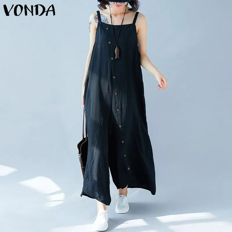 

VONDA 2019 Sexy Summer Rompers Womens Jumpsuit Sleeveless Backless Irregular Buttons Playsuits Casual Loose Overalls Plus Size