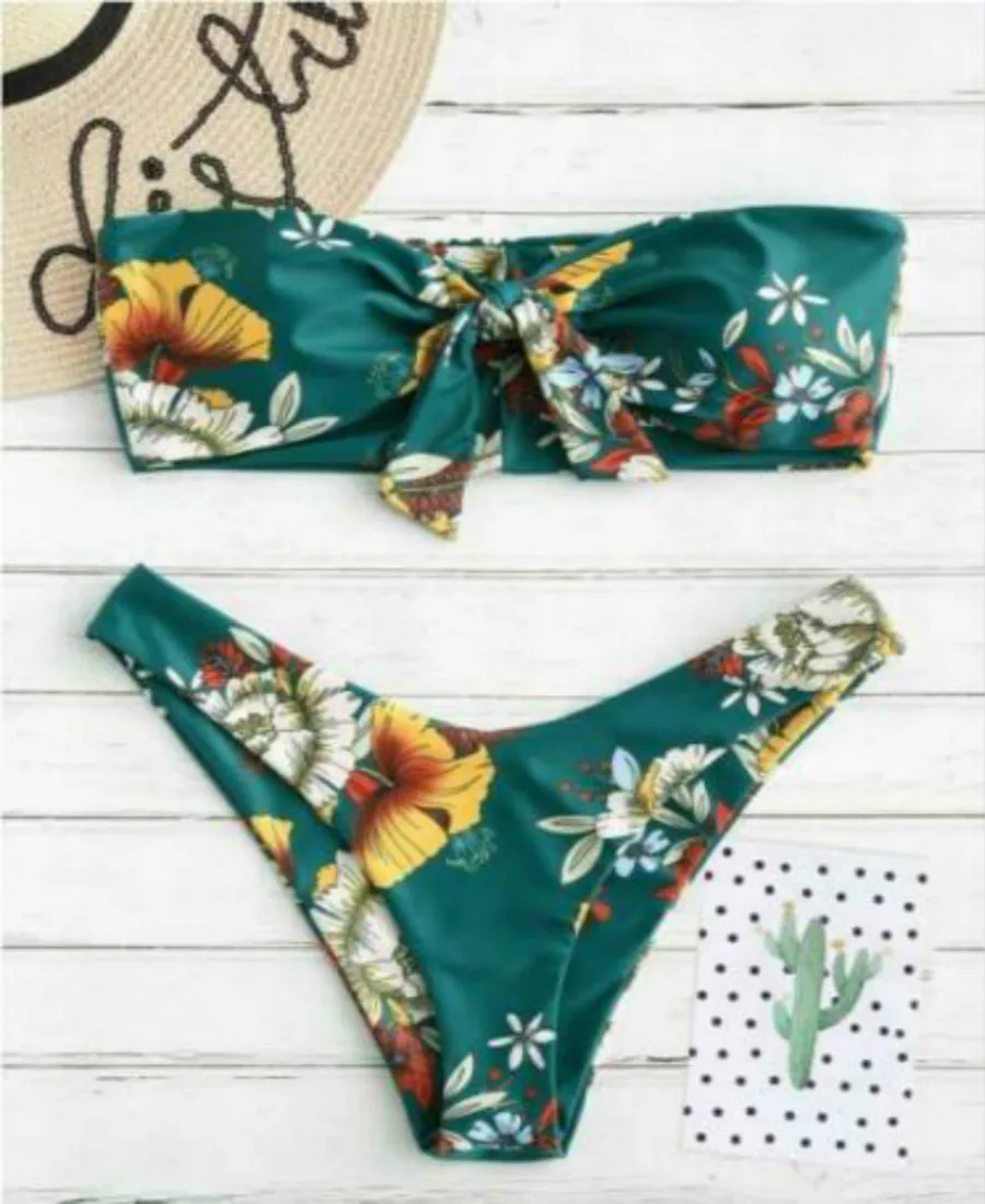 

Women's Bandeau Bikini Set Sexy Print Push Up Bow Bandage Swimsuit Beachwear
