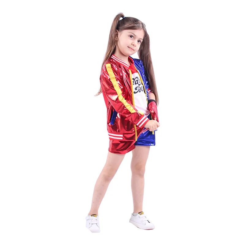 Kids Harley Quinn Costume Cosplay For Children Girls Suicide Squad Halloween Harley Quinn Costume Jacket Shirt Full Set Clothes