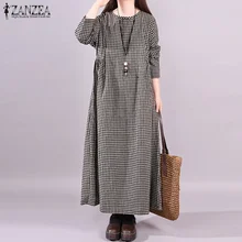 ZANZEA женское платье-рубашка с длинным рукавом, винтажное клетчатое длинное платье-кафтан, женское платье с круглым вырезом, осенние платья, плюс размер