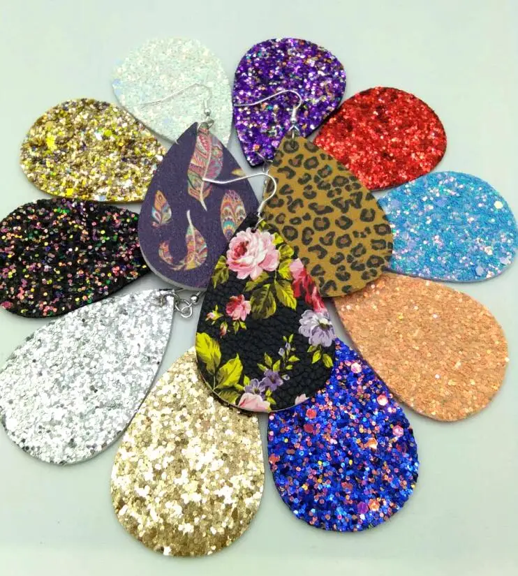 

Sequins Teardrop Leather Earrings Faux Leather Water Drop Earring 1Pairs Pack