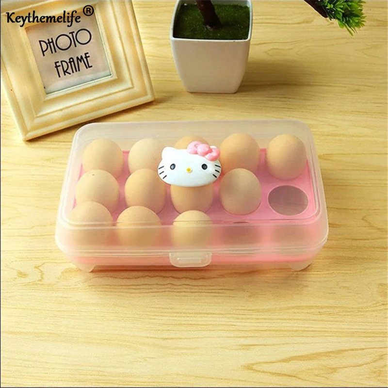 

15 Grid Cartoon Eggs Storage Box Plastic Container Hello Kitty Kitchen Refrigerator Egg Covered Storage Holder