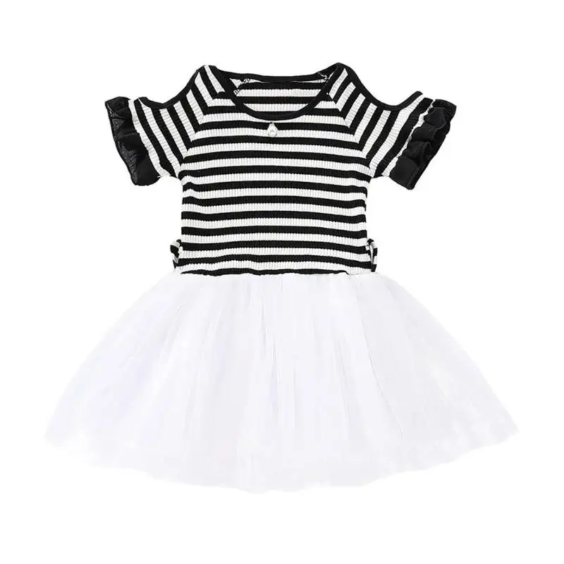 Infants Off Shoulder Stripe Dresses Girls Stitching Gauze Baby Clothing ...