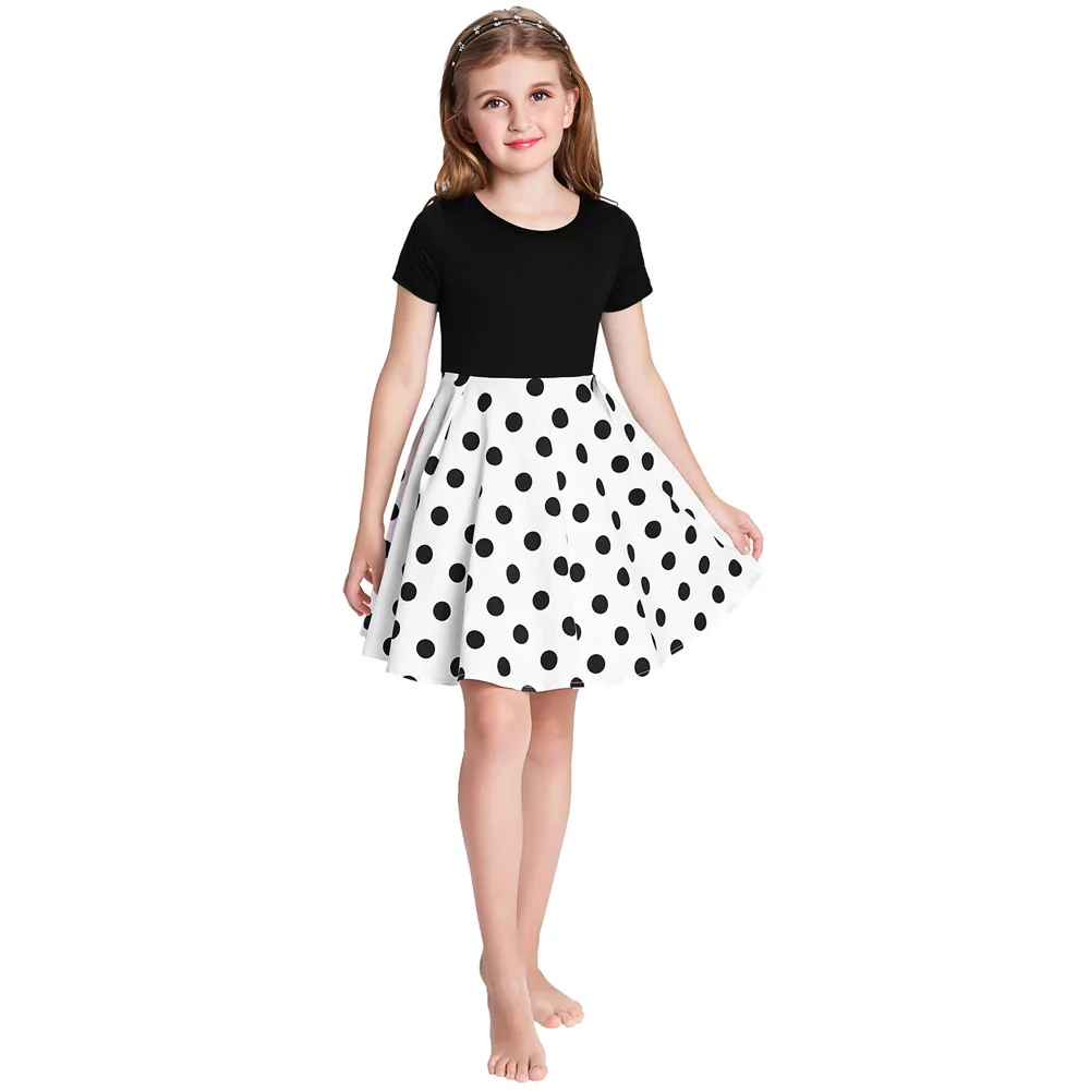 

GK Children Kids Girls Short Sleeve Crew Neck Polka Dots Patchwork A-Line Dress