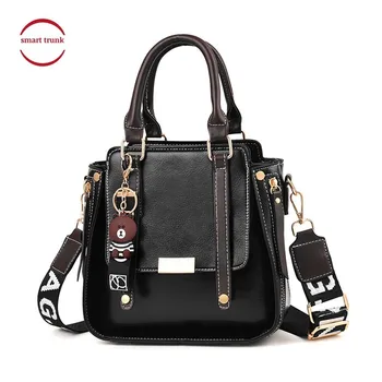 

2019 NEW Cute Bear Ball Hanging Women Solid Pu Leather HandBags For Female Simple Style Wide Strap Crossbody Bags Shoulder Bag