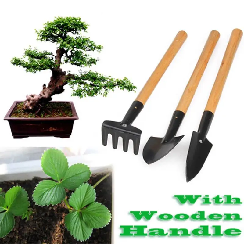

3pcs Mini Garden Plant Tool Set With Wooden Handle Gardening Tool Shovel Rake