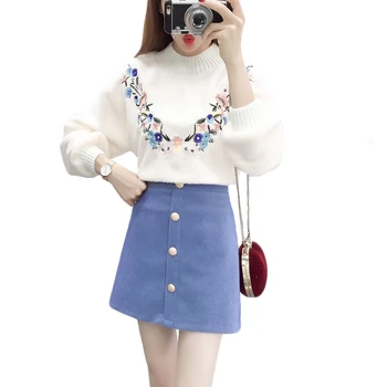 

New winter 2018 skirt Korean fashion suits women pullover lamb floral sweater & button skirts two-piece outfit top vestido S M L