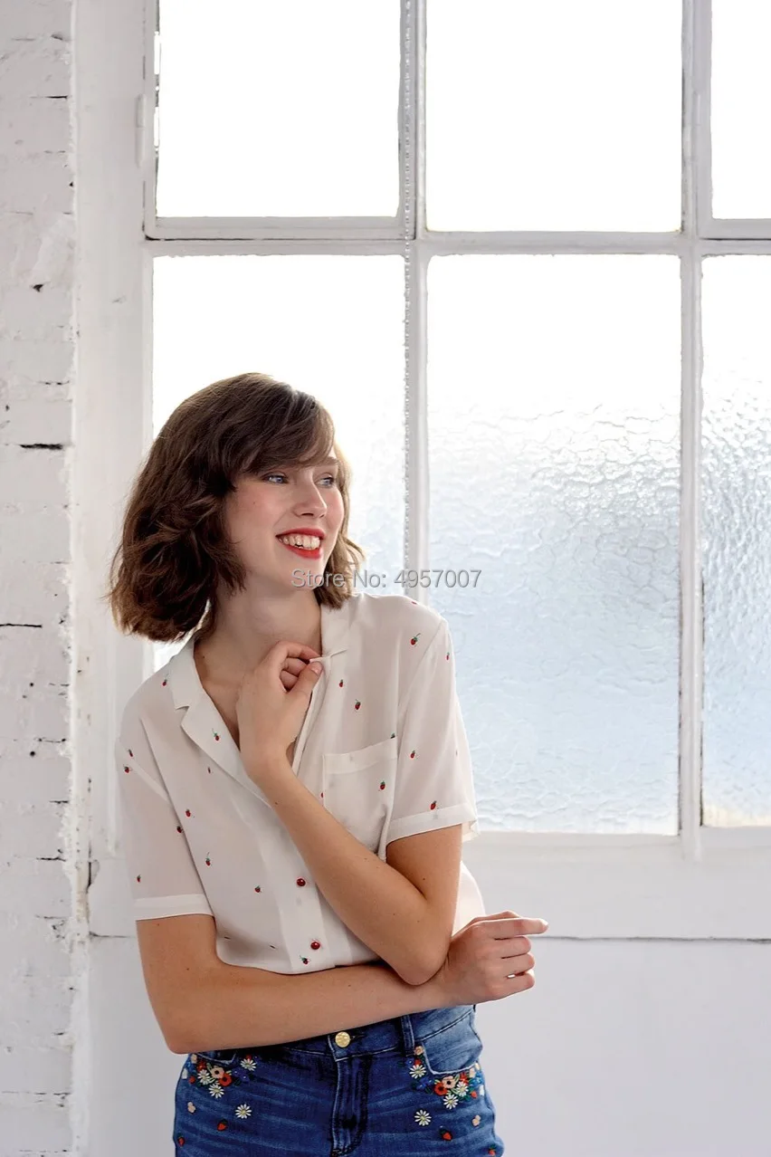 White Silk 100% Strawberry Printed Blouse Top - 2019ss Women/Ladies Notched Neckline Short Sleeve Blouse Shirt 4