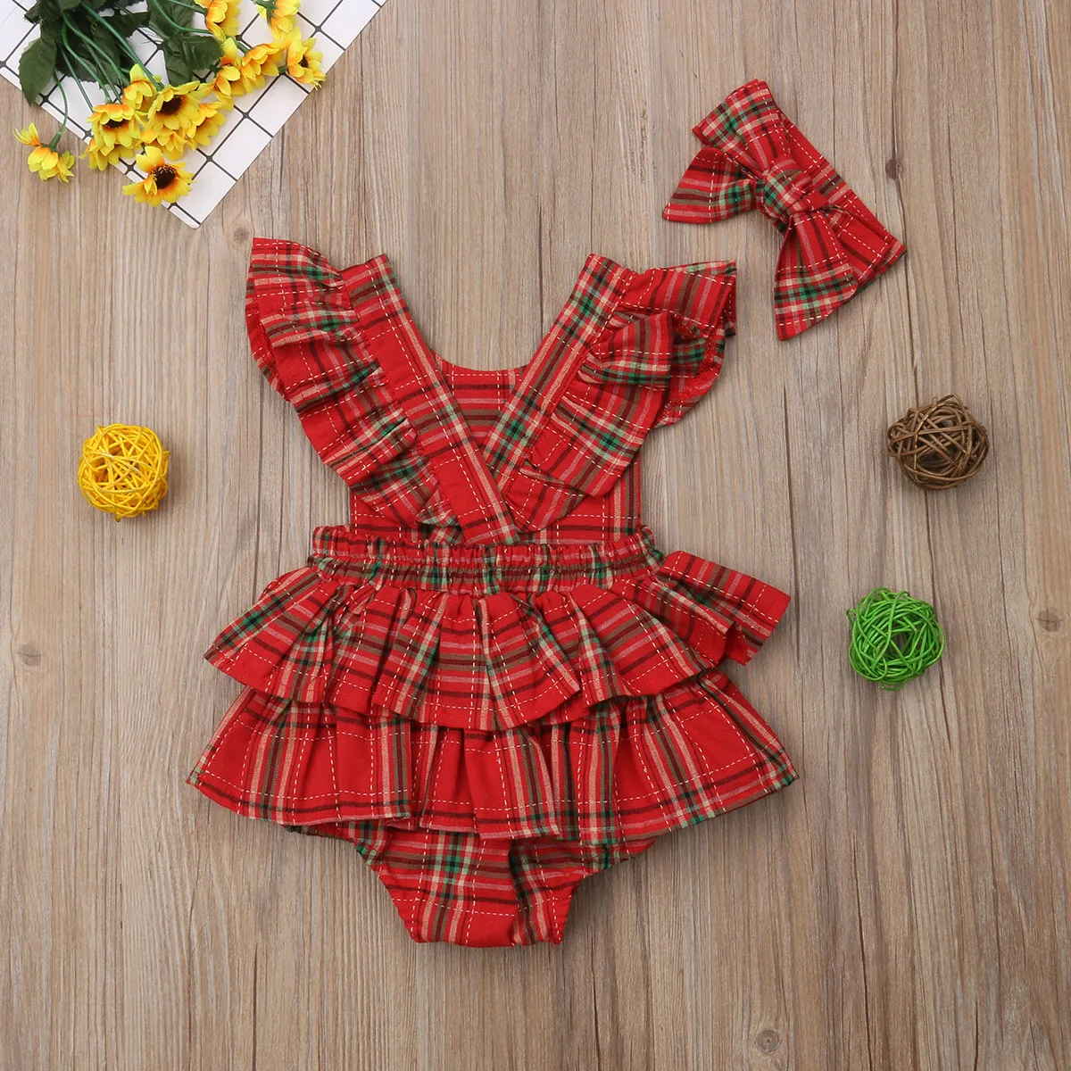 Toddler Infant Baby Girl Clothes Christmas Check Romper Headband 2Pcs Set Outfit