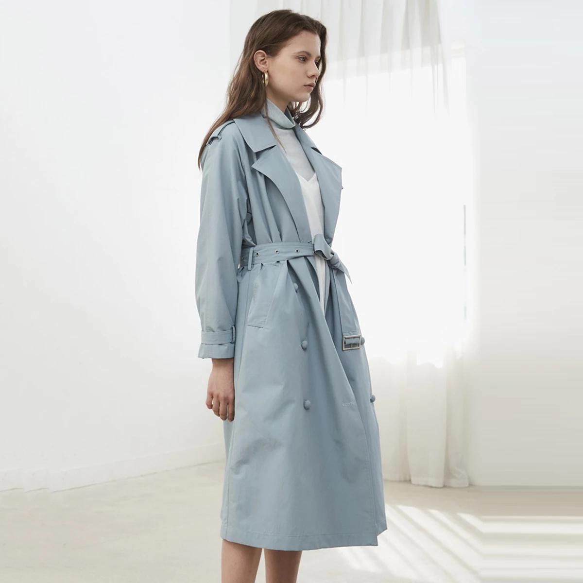 Beste Hdy Haoduoyi Vrouwen Casual Effen Kleur Double Breasted Uitloper Sjerpen Kantoor Jas Chic Epaulet Ontwerp Lange Trenchcoat Herfst