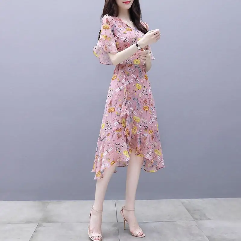 

MISSKY Women Summer Dress Chiffon Fashion Slim Hem Asymmetrical A Line V Neck Short Flared Sleeve Dress Female Clothes