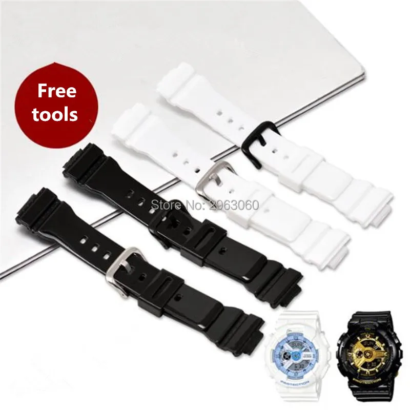 

New Silicone Rubber Watchband Shiny Black White Strap For Lady's Baby G BA-110/BA-111/BA-112/BA-120/125 Watch 14mm Free tools