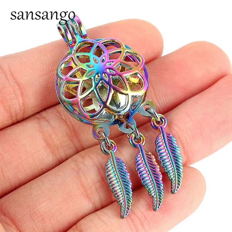 

Wholesale Rainbow Lotus Silver Ghost Witch Tessel Pearl Cage Pendant Essential Oil Diffuser DIY Necklace Locket Unisex Jewelry