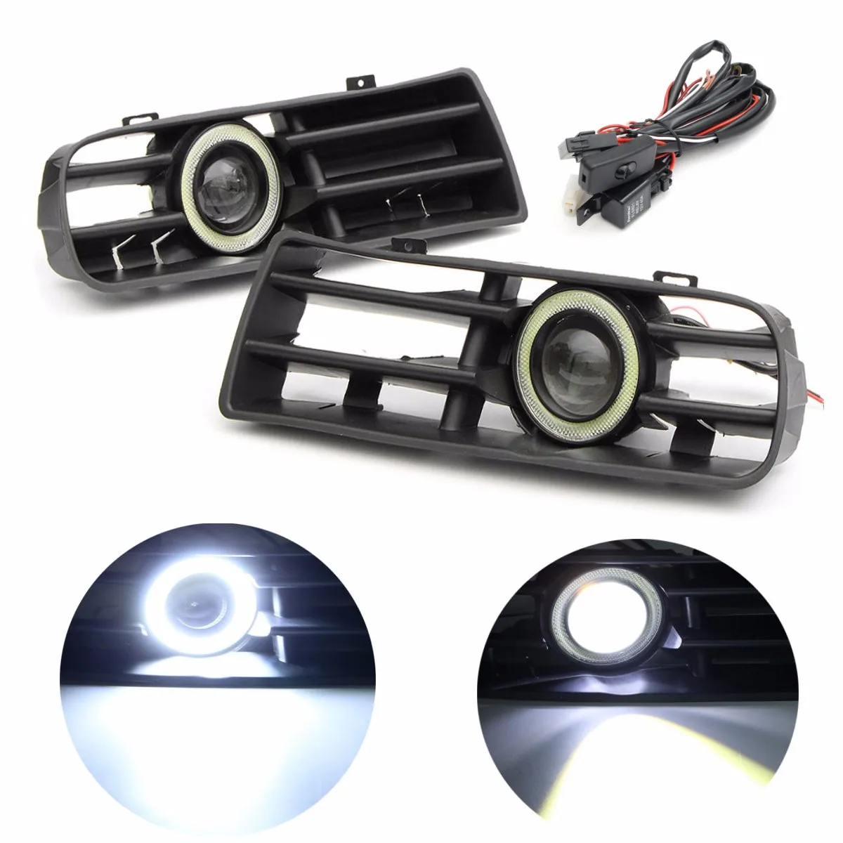 

Pair Car Auto White Fog Light Front Bumper Grilles For VW Golf MK4 1998-2004 Angel Eyes Lamp LED Running Fog Light