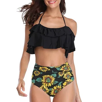 

Sunflower High Waisted Bikini 2019 Plus Size Swimwear Lady Ruffle Strapless Bikiny Black Halter Bandage Bathing Suits XXL XXXL