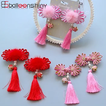 

BalleenShiny 2PCS/set Chinese Style Mink Hair Headwear Baby Girls Fashion New Year Tassel Hairpins Child Kids Hair Clip For Gift