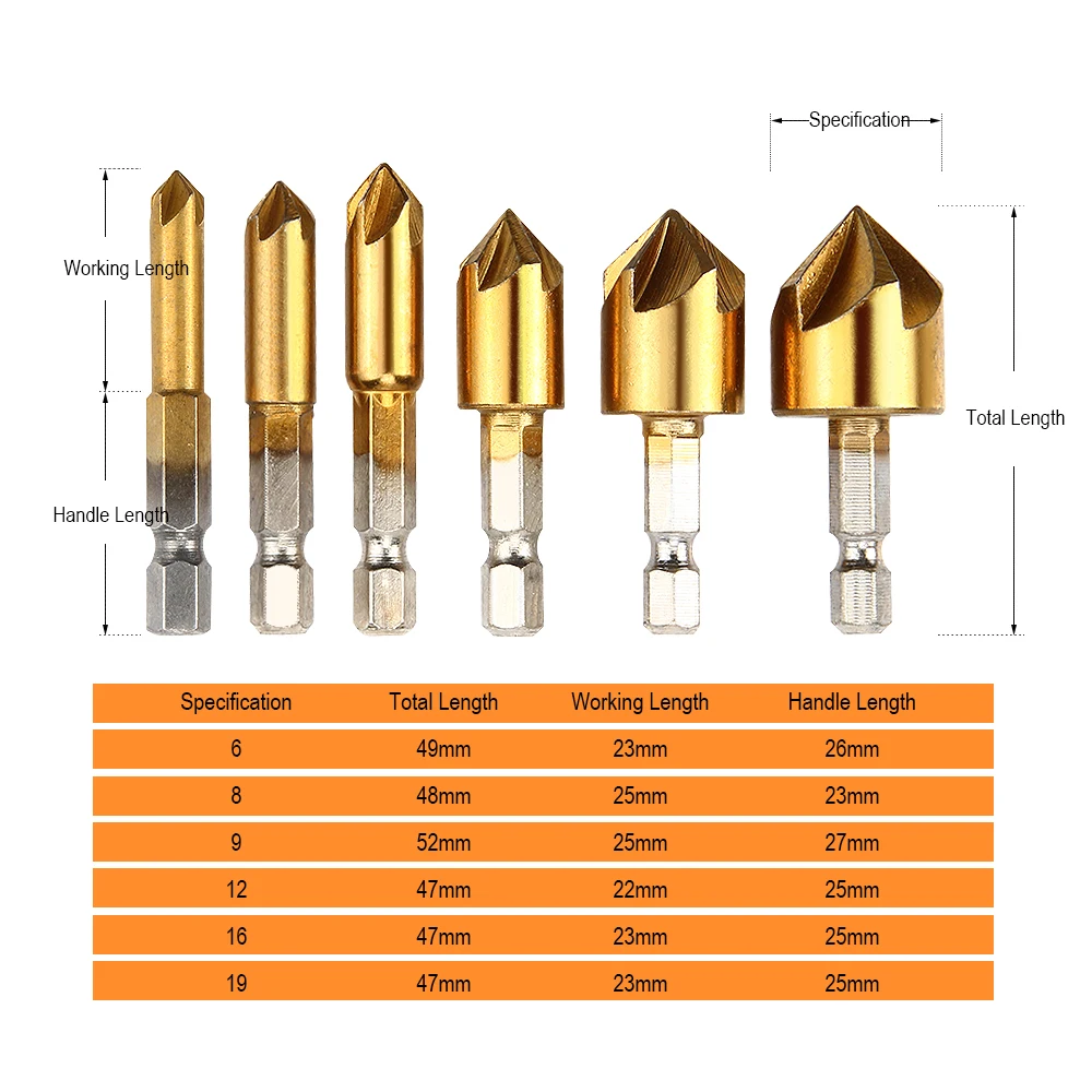 JelBo 6 In 1 Countersink Drill Bit Woodworking 1/4 Hex Shank Chamfer Carpentry Tool for Wood Drilling Milling Cutter Hole Saw