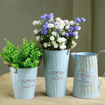 

1pc Pastoral Style Hand-painted Metal Buckets Simulation Artificial Flower Pots Flowers Arranging Accessories Home Garden Decor