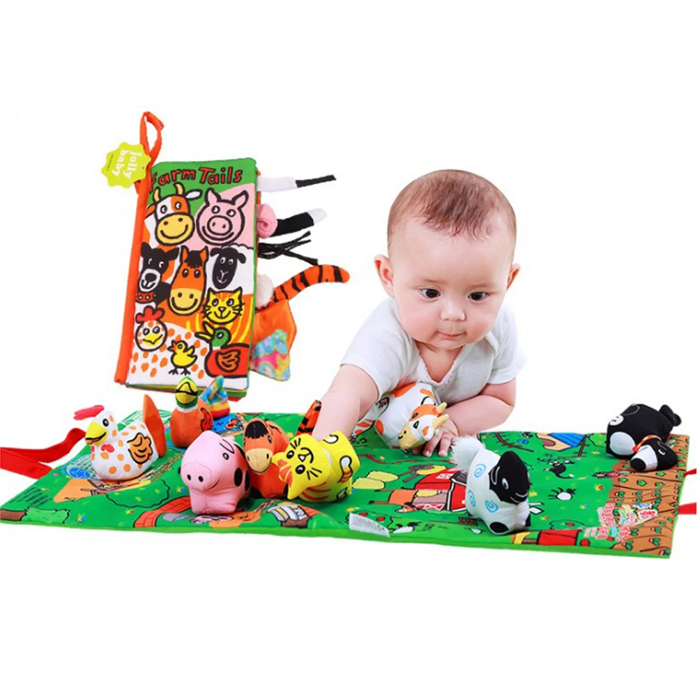 

Colorful Cute Animals Tails Cloth Book + 8 Rattle Toys + Play Mat Story Telling Books Baby Learning Education Toys for Baby