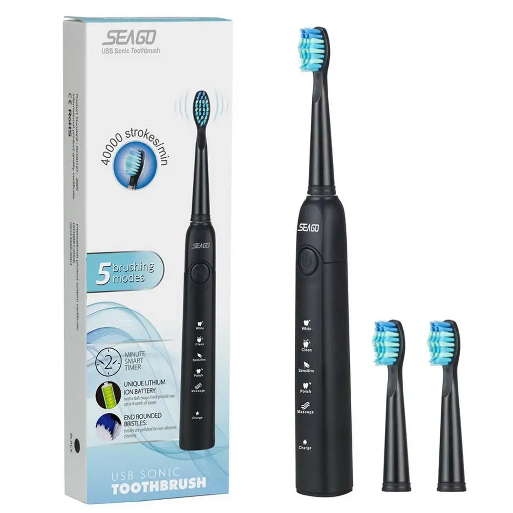 Electric Toothbrush Set USB Charging IPX7 Waterproof Smart Reminder 5 cleaning modes automatic shutdown with 2 Replacement Head | Дом и сад