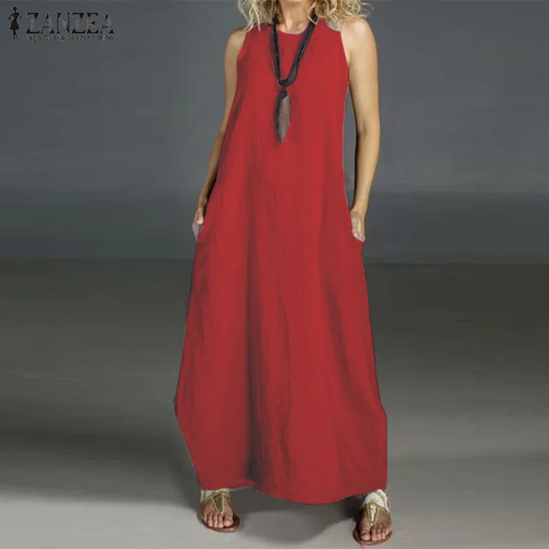 

2019 Summer Solid Cotton Linen Dress ZANZEA Plus Size Sleeveless Dress Women Vintage Vestido Femme Robe Loose Party Sundress 5XL