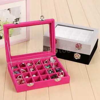 

24 Grid Display Case Glass Top Jewelry Box Organizer Storage Container