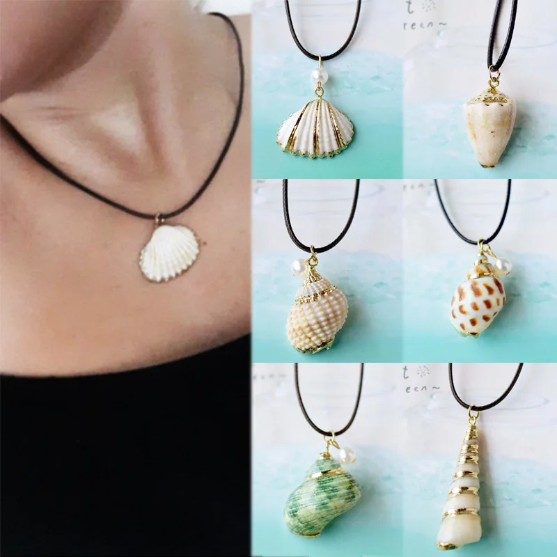 

Hot Fashion Summer Style Natural Starfish Conch Seashell Pendant Necklace Rope Chain Shell Necklaces beach Jewelry for Women