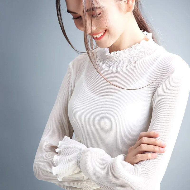 

Brand t shirt Women Loose tshirt Solid Cotton t-shirt Flare Long-sleeved Basic Top Casual Simple Tee Flounce Shirt Fashion Femme