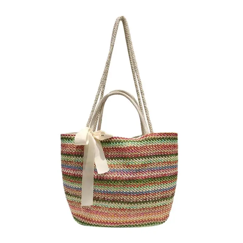 

Summer Multicolor Straw Shoulder Handbags Women Beach Totes for Ladies Casual Travel Crossbody Top-handle Bags 2019 New