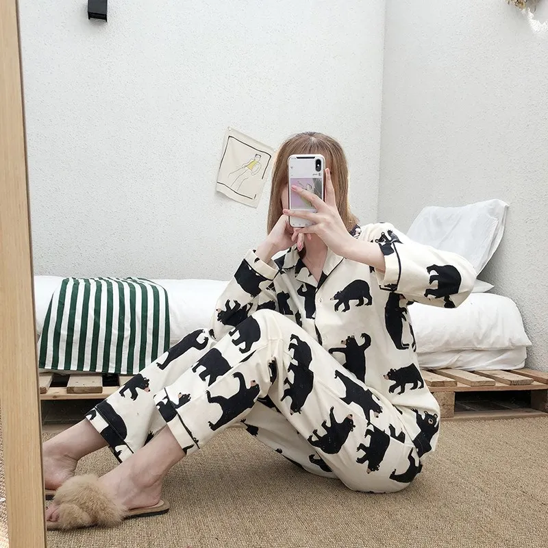 Милый белый медведь 100% хлопок щеткой Для женщин Pajama наборы животных Повседневное модная Пижама домашняя одежда сексуальные Pijamas Mujer