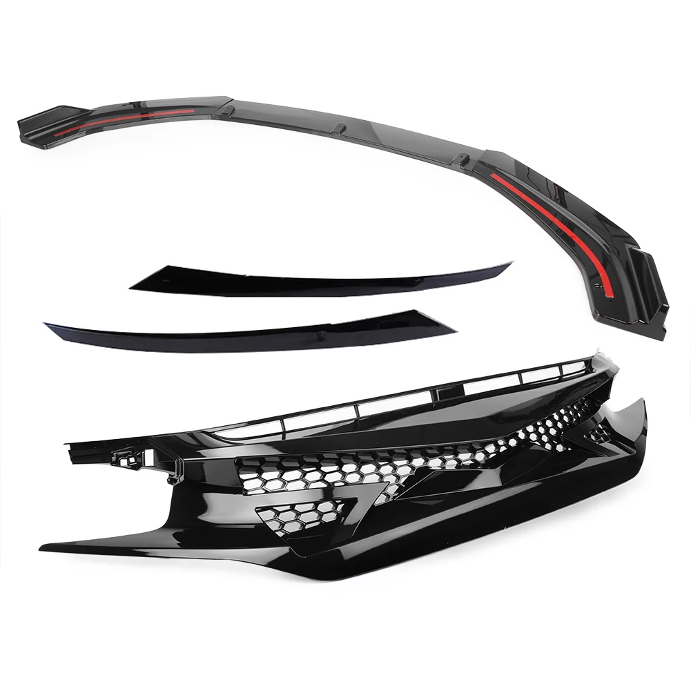 Auto Car Mesh Front Hood Grille+ Front Bumper Cover Lip For Honda Civic All Models Glossy Black