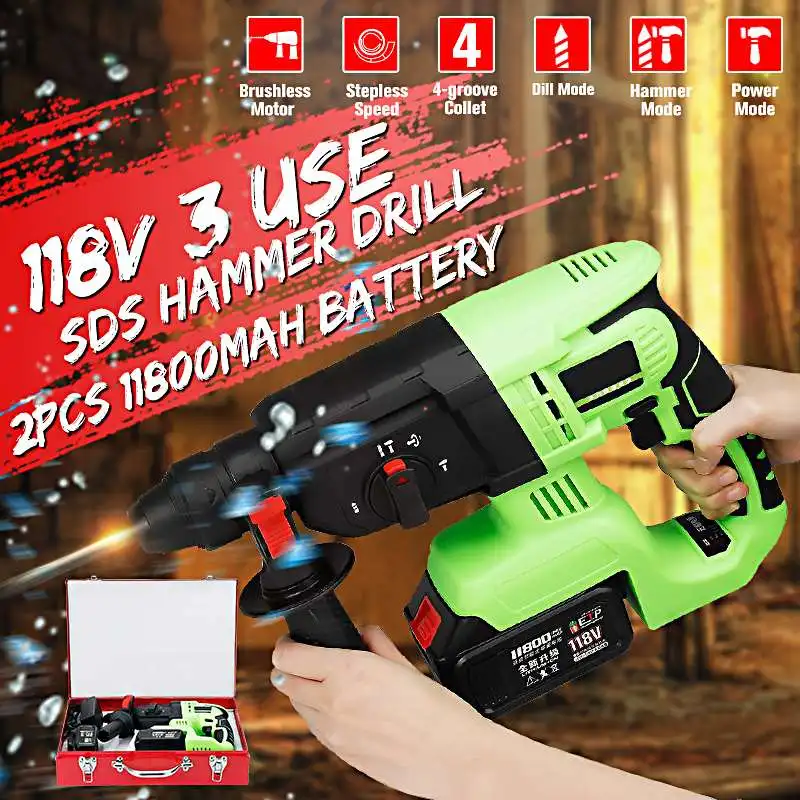 

118VF Cordless SDS Electric Rotary Hammer Brushless Impact Drill With 2x11800mAh Li-ion Battery Power Drill Electric Drill Tools