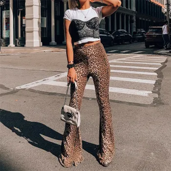 

Women Leopard Print Flare Pants Trousers Ladies Fashion Casual High Waist Pant Leggings Femmes Joggers Sport Wide Leg Long Pant