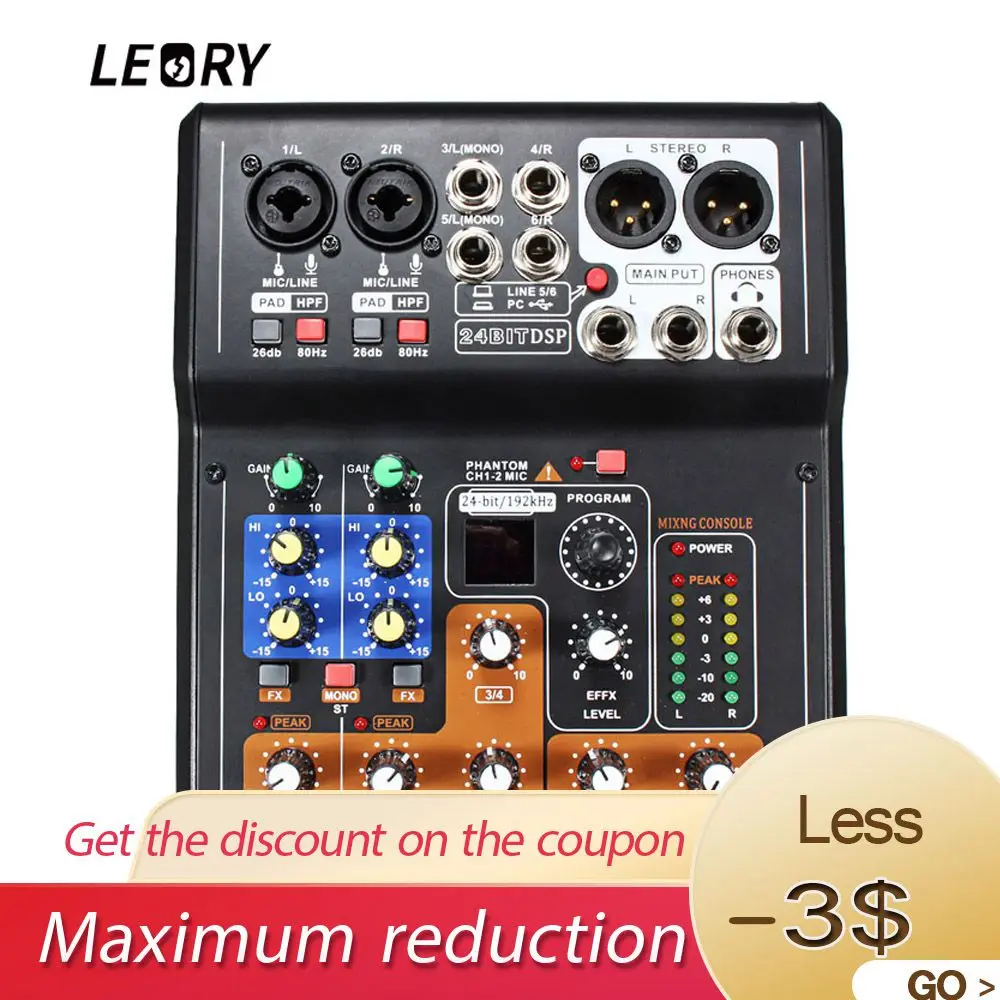 

LEORY 6 Channel Karaoke Digital Sound Amplifier Built-in 48V Phantom Power Mini Microphone Audio Mixer Mixing Console With USB