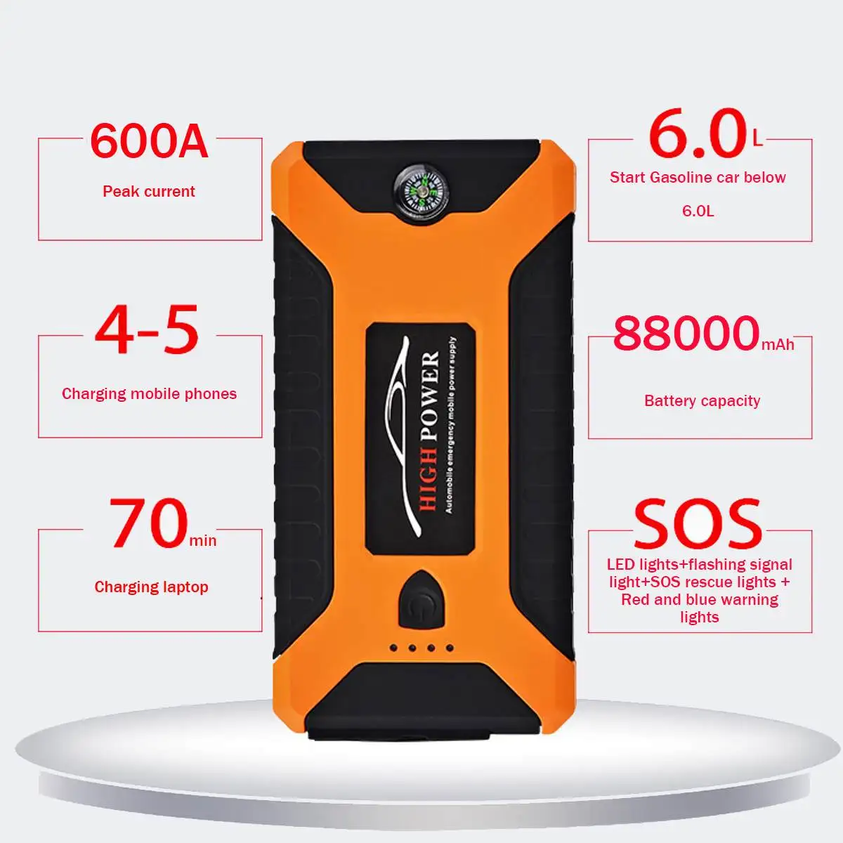 High Capacity 88000mAh Car Jump Starter Power Bank 600A Car Battery Charger Booster Charger 4USB 12V SOS Starting Device