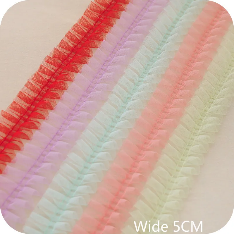

Fine Wide 5cm Elastic Pleated Mesh Tulle Lace Applique Guipure Folded Sewing Fabric Ribbon Edge Trim DIY Dresses Clothes Decor