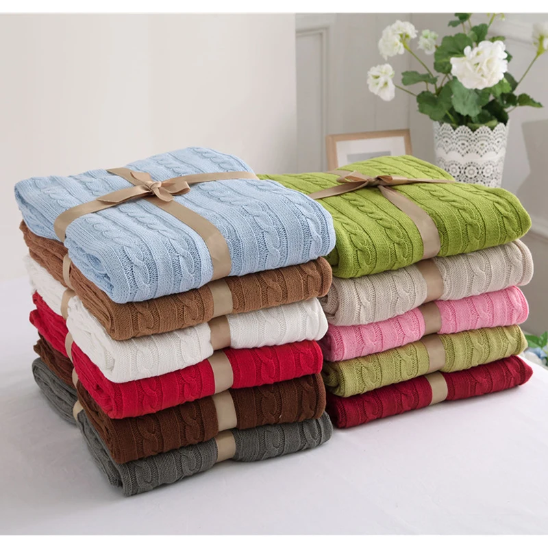 

100% Cotton High Quality Blanket Handmade Soft Knitted Solid Color Plaid Throw Blanket On Sofa Bed Plane Warm Bedspreads 25