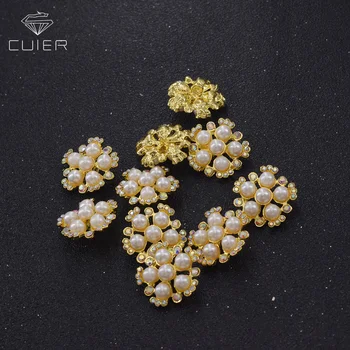 

50pcs/lot golden garment buttons with rhinestones AB crystal color flower shape buttons DIY pearl shank decorations for clothing