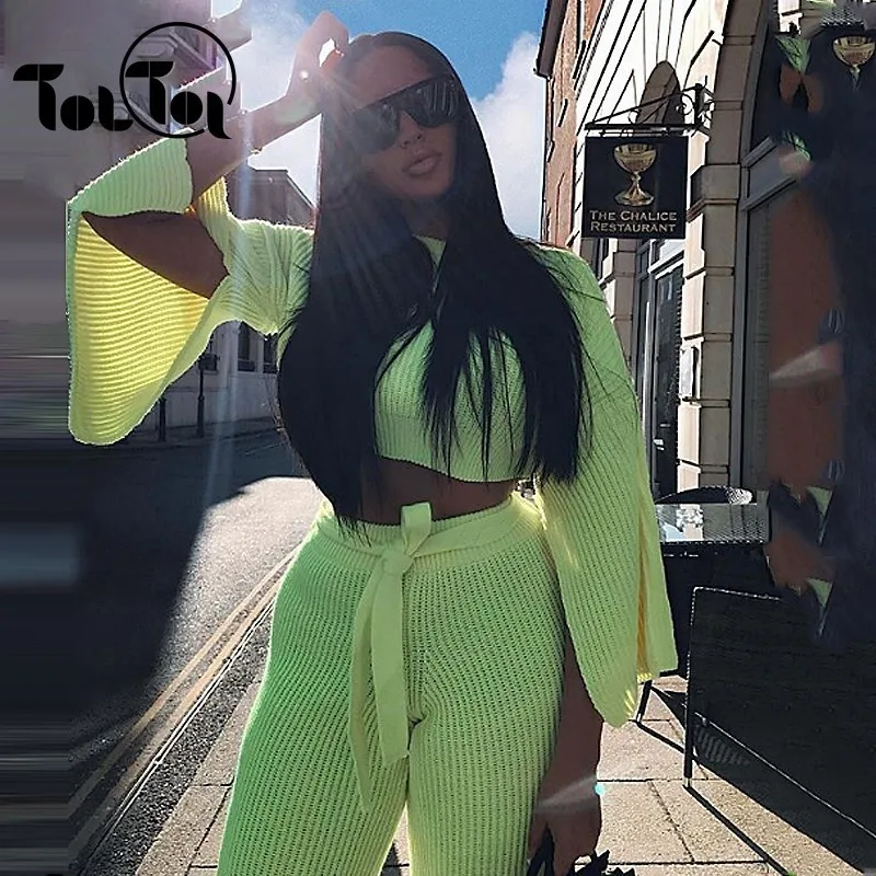 

Hot Green Sexy Knitted Women Sweater Suits Split Long Sleeve Sweaters And Solid Pants Warm Autumn 2 Piece Suit Club Outfits