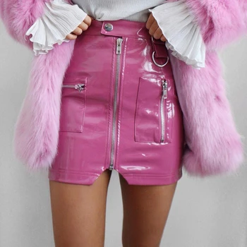 

Sexy Club Outfits Women Mini Skirt PU Leather PVC High Waist Zipper Pocket Package Hip Shorts Female Streetwear Party Pink Black
