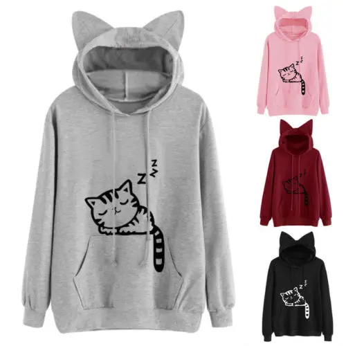  Women Cat Hoodie Long Sleeve Sweatshirt Jumper Coat Hooded Pullover Tops