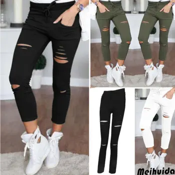 

Women Skinny Ripped Distressed Knee Hole Jeans Pants High Waist Stretch Slim Pencil Trouser
