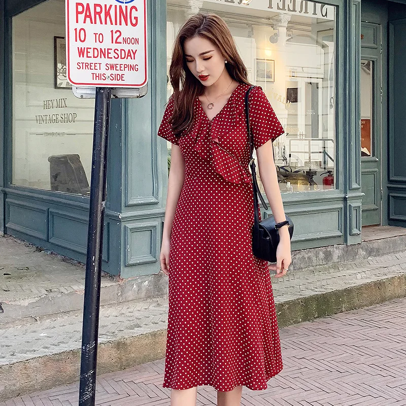 

V-neck dot summer women's dress 2019 slim waist bow short-sleeved dress elegant holiday beach skirt femininity vestidos festa