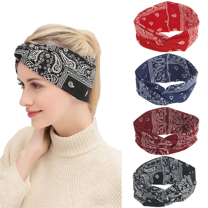 

Running Headwear Bohemian Hairbands For Women Geometric Cashew Print Retro Cross Knot Turban Bandage Bandana Hair Accessories