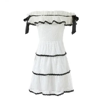 

Summer new fashion women white beaded sequins short dress ladies elegant off shoulder bows sweet dresses