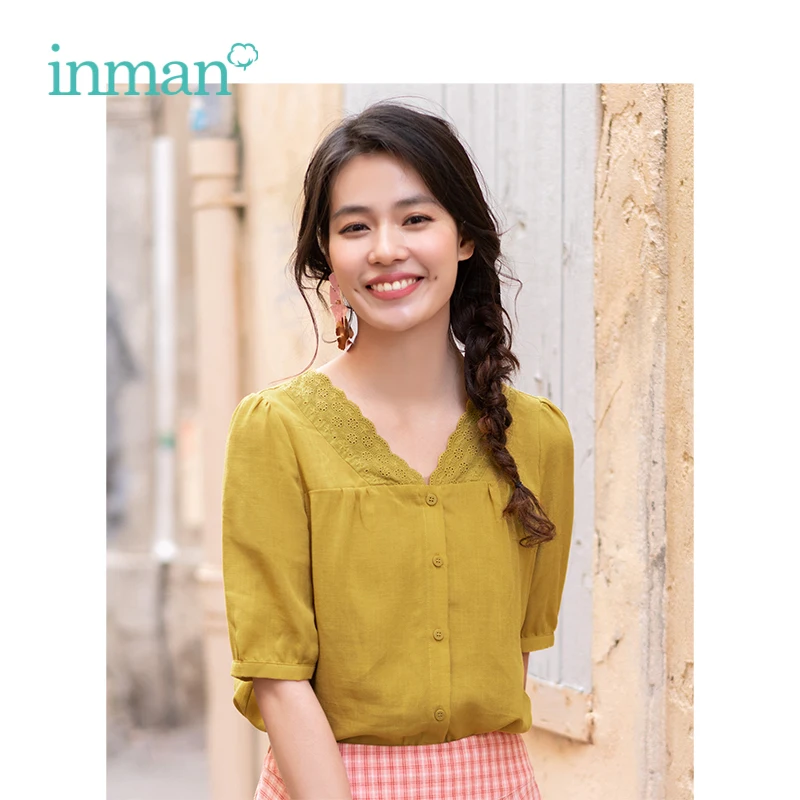 

INMAN 2019 Summer New Arrival V-neck Literary Embroidery Retro Hongkong Style All Matched Slim Short Sleeve Women Shirt