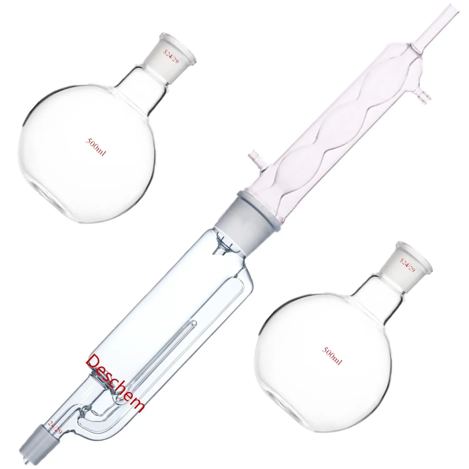 500ml 24/29 유리 소흘 추출기 본체 및 알린 콘덴서, 평평한 바닥 플라스크 2개