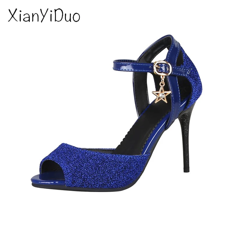 

2019 Summer fashion Women's shoes super high Heels cover heel sandals Coffee Silver Royal Blue open toe plus size 40-45 /c226