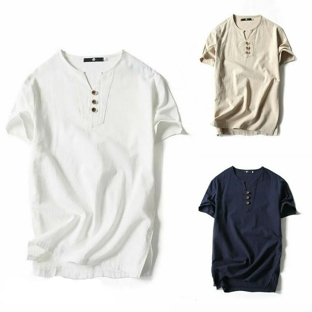 

Men's Loose Casual V Neck Button Short Sleeve Muscle Tee T-shirt Tops Breathable Shirt